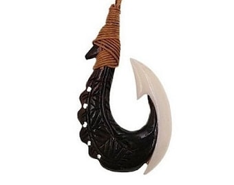 Maui Carved Wood & Bone Fish Hook Pendant Or Necklace. Tribal Fish Hook Pendant. Perfect Hei Matau For Both Male And Female. Gift, luau.