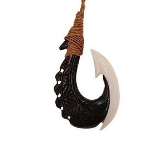 Maui Carved Wood & Bone Fish Hook Pendant Or Necklace. Tribal Fish Hook Pendant. Perfect Hei Matau For Both Male And Female. Gift, luau.