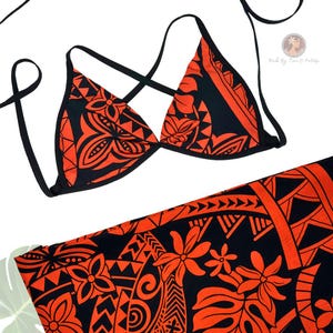 Black & Orange Tahitian Tribal Motif Print SET Pareu with Matching Cross-Back Bra Top – Ori Tahiti Set