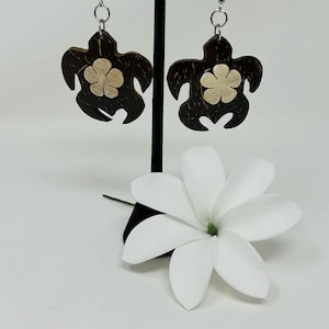 Turtle Earring & Tiare Flower. Large Dangle Authentic Coconut Shell Earrings.