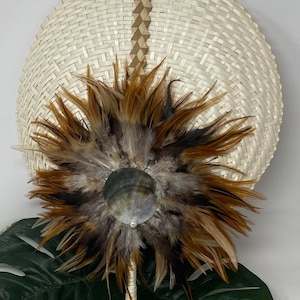 Polynesian Style Authentic Straw, Lauhala, Feathers & Mother Of Pearl Shells Fan. Hand-Woven Hand Fan. This Is  Natural Color Fan No Dye.