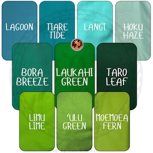 May include: A color palette chart featuring ten rectangular swatches in shades of blue and green. Each swatch displays a unique name in white text: Lagoon, Tiare Tide, Langi, Hoku Haze, Bora Breeze, Laukahi Green, Taro Leaf, Limu Lime, Ulu Green, and Moemoea Fern.
