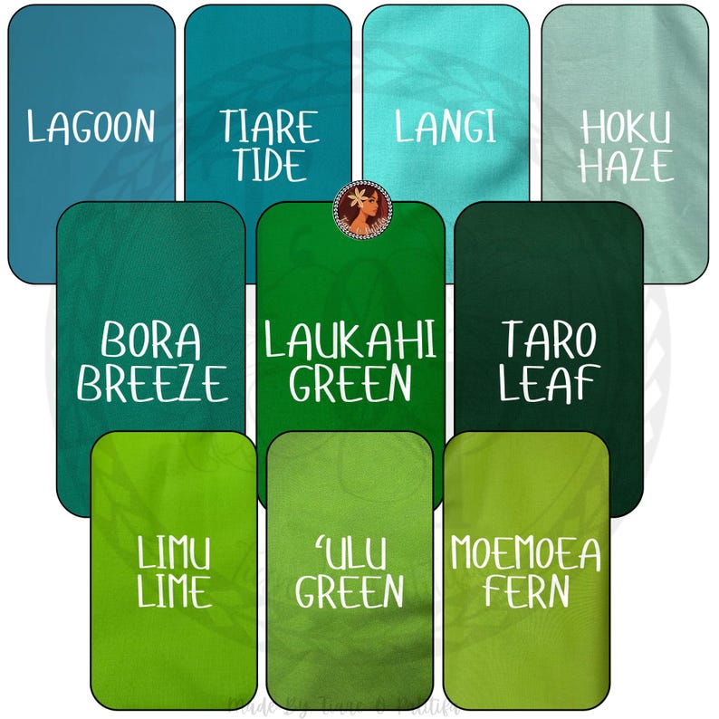 May include: A color palette chart featuring ten rectangular swatches in shades of blue and green. Each swatch displays a unique name in white text: Lagoon, Tiare Tide, Langi, Hoku Haze, Bora Breeze, Laukahi Green, Taro Leaf, Limu Lime, Ulu Green, and Moemoea Fern.