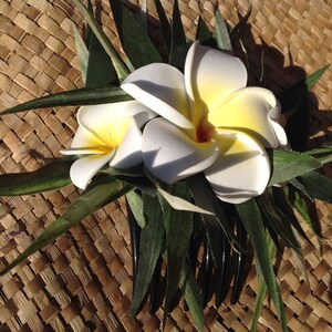 May include: A white and yellow plumeria flower hair comb with green leaves. The comb is black and has a decorative design.