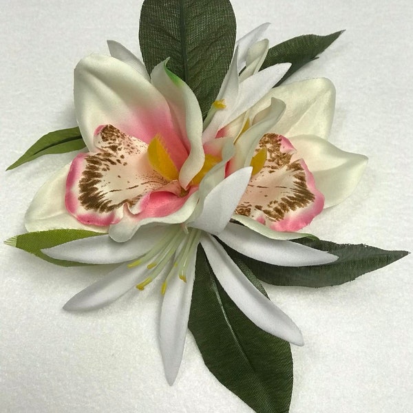 Hawaiian Double Silk Orchid, Maile Leaves & Lily Flowers Hair Clip. Perfect Clip For Beach Wedding, Bridesmaids Flower And Polynesian Events