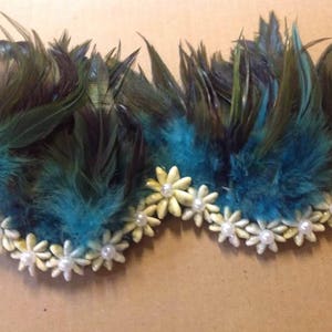 FEATHER BRA TOP With Cowrie Shell Rosettes . Perfect For Tahitian And Cook Islands Dancers Of All Ages.