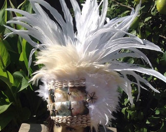 Polynesian Princess Headpiece. Tahitian & Rarotongan/Cook Island Headpiece/Headdress. Rooster Tail Feathers, Black Lip MOP Shells And Pearls