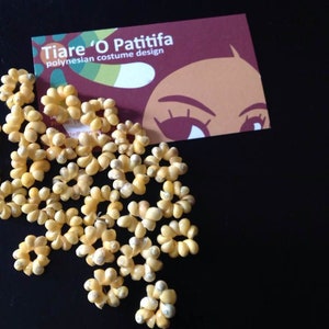 Puede incluir: Primer plano de una colección de pequeños adornos de conchas amarillas en forma de flor. Las conchas están dispuestas en un grupo suelto sobre una superficie negra. Una tarjeta de visita para "Tiare 'O Patitifa Polynesian costume design" es visible en el fondo.
