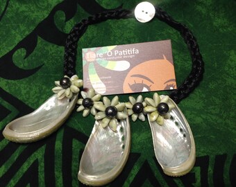 Green Abalone Shells, Cowrie Rosettes & 11 mm - 12 mm Black Pearls Necklace. Black Or White, Beige, Cord. For Adult And Young Girls!!