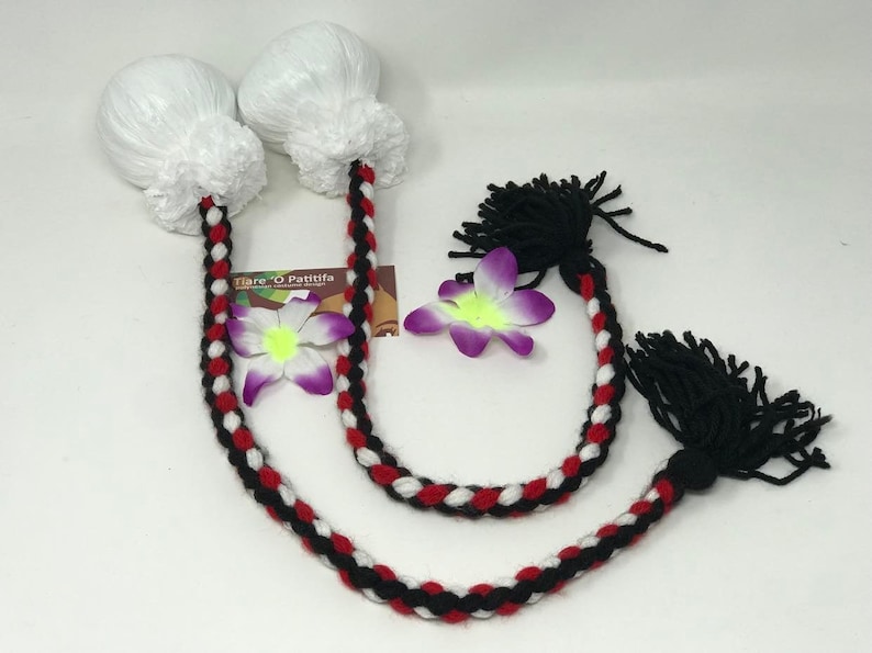 Maori Custom Made Costume Poi Balls. Red, White & Black Color Ropes or Cords Poi Balls. Choose Your Own Color. ONE PAIR 1 SET. image 2