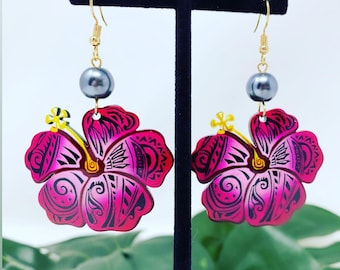 Hawaiian Tribal Hibiscus Tropical Earrings.
