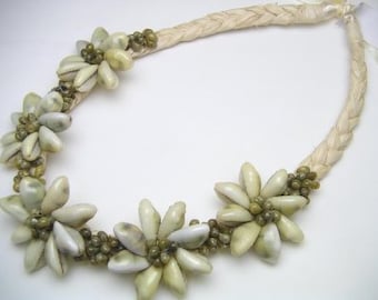 Green Sigay (Cowrie) Shell Rosettes with Green, White Or Yellow Mongo Shell Raffia Necklace. Perfect Gift, Luau, Hawaiian Costume.