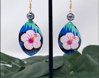 Oval Hibiscus Tropical Flower Earrings