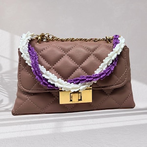 Twisted Purple & White Crown Flower Bag/Purse Charm | Tia-Lei Bag Charms – 12&quot; Island-Inspired Purse Lei with Gold or Silver Clips