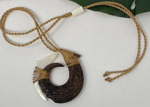 Maui Hei Matau/Fishing Hook Necklace. Traditional Polynesian Design Inspired Carved Wooden Hook With Mother of Pearl Fish Hook Necklace.