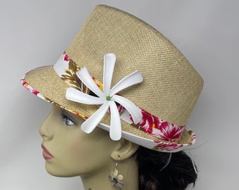 Hawaiian Style Hat With Tiare Flower. Summer Floral Fedora Hat. Perfect For Both Male & Female. Hawaiian Print Hat.