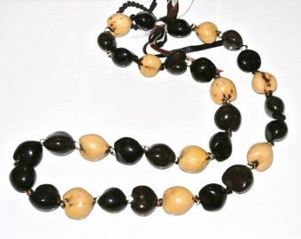 Jewel Nut Of Paradise Island. KUKUI NUT LEI.Genuine White, Black & Brown Kukui Nut Choker For Adult Or Necklace For Young Children!