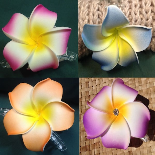 Hawaiian Long Hair Jaw Clip With Two Plumeria Flowers Only.  One flower On Each Side Of The Plastic Claw.