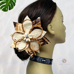 Polynesian Tapa Cloth Flower Hair Clip with Shells & Coconut Sennit – Tahitian Tongan Cultural Dance Accessory.