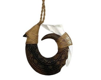 Maui Hei Matau/Fishing Hook Necklace. Traditional Polynesian Design Inspired Carved Wooden Hook With Mother Of Pearl Fish Hook Necklace.