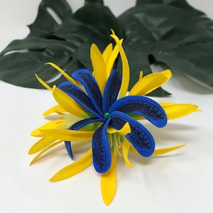 Blue Tribal Tiare & Yellow Spider Lily Flower Hair Clip