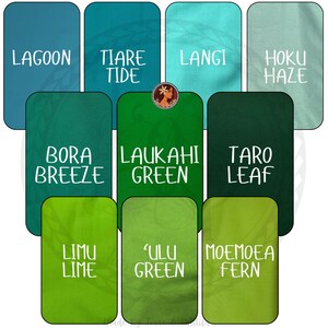May include: A color palette chart featuring ten rectangular swatches in various shades of blue, teal, and green. Each swatch displays a unique name in white text, including Lagoon, Tiare Tide, Langi, Hoku Haze, Bora Breeze, Laukahi Green, Taro Leaf, Limu Lime, 'Ulu Green, and Moemoea Fern.