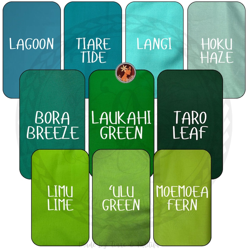 May include: A color palette chart featuring ten rectangular swatches in various shades of blue, teal, and green. Each swatch displays a unique name in white text, including Lagoon, Tiare Tide, Langi, Hoku Haze, Bora Breeze, Laukahi Green, Taro Leaf, Limu Lime, 'Ulu Green, and Moemoea Fern.