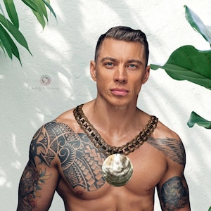 May include: A brown chain necklace with a large, round, iridescent pendant. The necklace is worn around the neck. The person in the image has tattoos on their arms and chest.