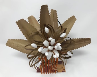 Lo'akau/lauhala, braided coconut fiber and sea shell Hair Comb