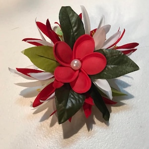 Our Red Tipani & Maile Hair Clip. Perfect Piece For Wedding, Luau. Beach Wedding, Gift Or For Any Polynesian Events.