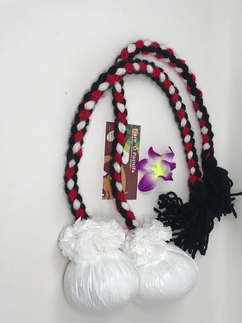 Maori Custom Made Costume Poi Balls. Red, White & Black Color Ropes or Cords Poi Balls. Choose Your Own Color. ONE PAIR 1 SET. image 4