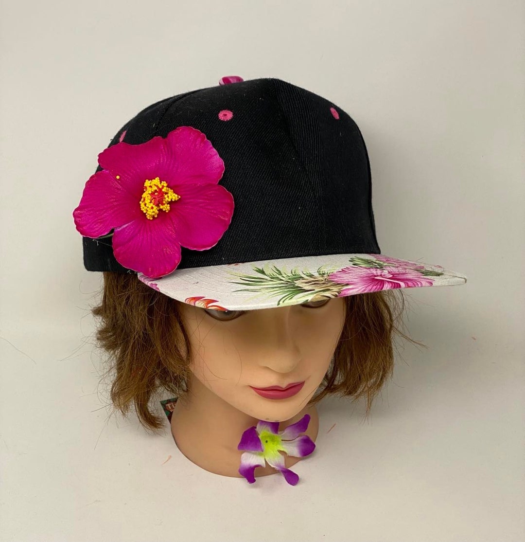 Women's Ponytail Trucker Hat - Aloha Sky Pink Hibiscus Embroidery, Cotton/Polyester, Adjustable, Vintage Style - View #2