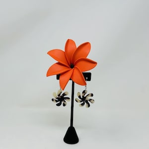 Hawaiian Carved  Faux Turtle Shell Earrings & Tiare Flower. Polynesia Style Set.