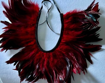 Könnte beinhalten: Ein roter und schwarzer Federkragen mit einem schwarzen Band. Der Kragen besteht aus Federn, die in einem kreisförmigen Muster angeordnet sind. Das Band ist um den Hals gebunden und hat eine Schleife auf der Rückseite.