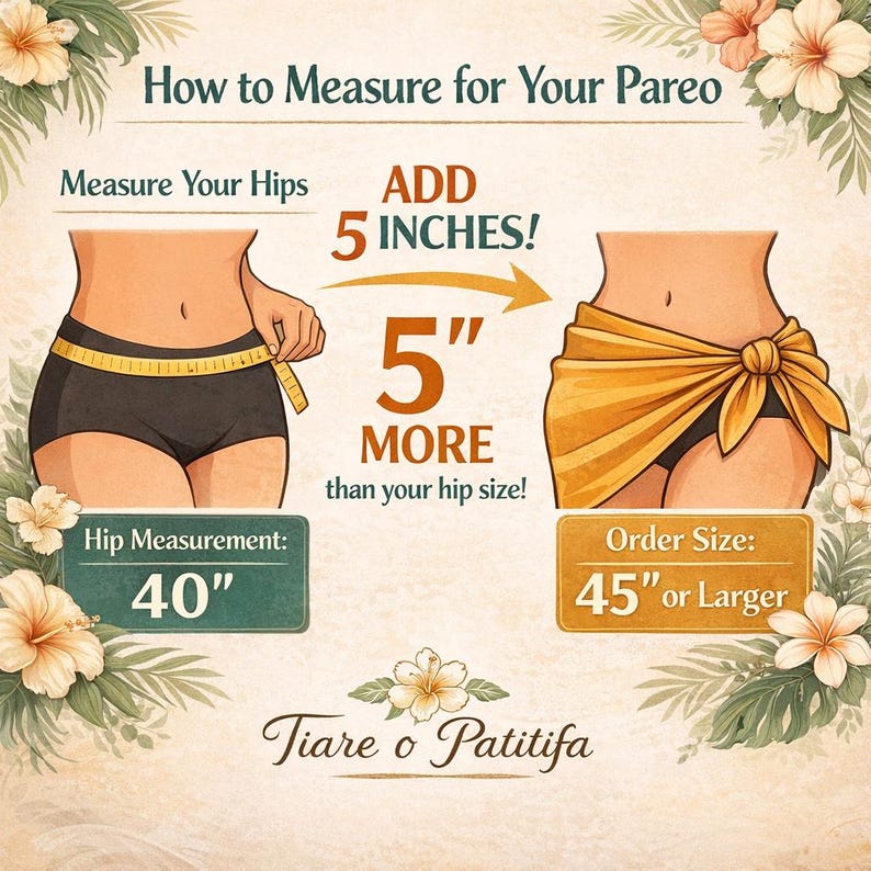 May include: An instructional graphic titled How to Measure for Your Pareo, showing a yellow measuring tape around hips with the text ADD 5 INCHES! and 5 MORE than your hip size! A hip measurement of 40 inches results in an order size of 45 inches or larger.
