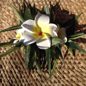 May include: A white and yellow flower hair comb with green leaves. The comb is on a woven brown background.