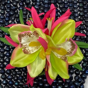 Hawaiian Double Orchid With Silk Lily Hair Clip. Brides Beach Wedding Hair Clip. Bridesmaids Flower Clip, luau, gifts, Polynesian events.