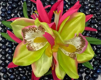 Hawaiian Double Orchid With Silk Lily Hair Clip. Brides Beach Wedding Hair Clip. Bridesmaids Flower Clip, luau, gifts, Polynesian events.