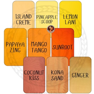 May include: A collection of nine rectangular color swatches in shades of yellow, orange, and brown. Each swatch features black text: Island Creme, Pineapple Scoop, Lemon Lani, Papaya Zing, Mango Tango, Sunroot, Coconut Kiss, Kona Sand, and Ginger.
