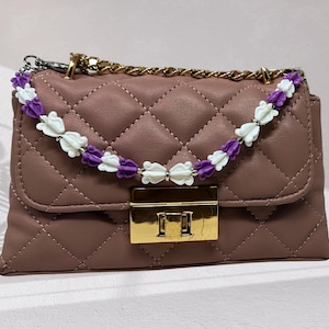 White & Purple Crown Flower Bag/Purse Charm | Tia-Lei Bag Charms – 12&quot; Island-Inspired Purse Lei with Gold or Silver Clips