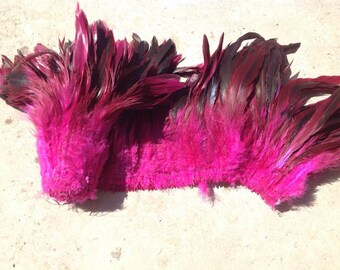 STRUNG ROOSTER SADDLES 5" - 7" Dyed  Fuchsia Over Furnace.