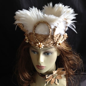 Seagrass Costume Headpiece, Tahitian Feathers, Seashell Rosettes