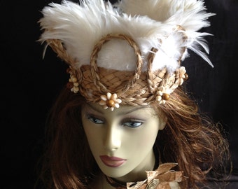 Tahitian & Cook Islands, Rarotongan Sea Grass Costume Headpiece..Perfect For Both Male And Female Of All Ages!! Pick Any Color Of Feathers.