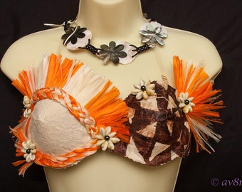 Authentic Tapa Cloth & Hau Grass Tahitian And Cook Islands Bra Top. Perfect For Girls Of All Ages!