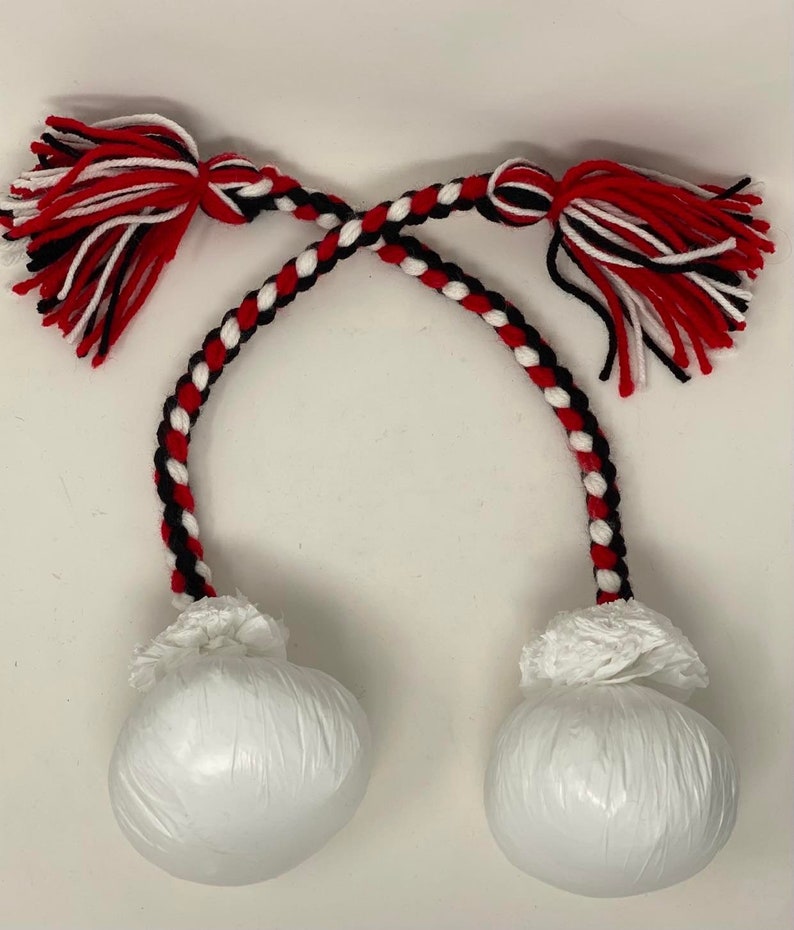 Maori Custom Made Costume Poi Balls. Red, White & Black Color Ropes or Cords Poi Balls. Choose Your Own Color. ONE PAIR 1 SET. image 1