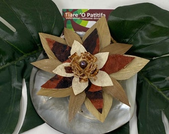 Authentic Polynesian Style Hair Flower. Authentic Tapa Cloth & Lauhala Hair Clip. Perfect For Tahitian, Cook Islands Costume, Wedding, Luau.