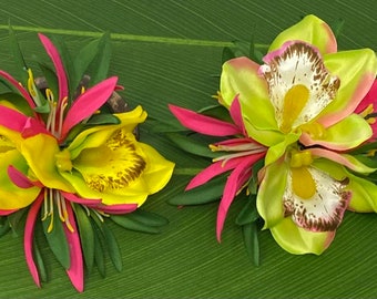 Hawaiiaanse dubbele orchideebloem haarclip. Zijden Hula-bloem. Strandbruiloft, bruidsmeisjes bloem haarclip, Luau, cadeau, voor Polynesische evenementen.