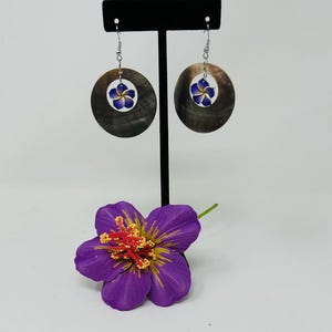 Mother Of Pearl Shell Earrings With Hibiscus Flower. Polynesian Design Earrings.