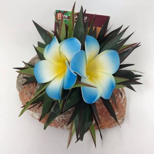 Hawaiian Hair clip. Silk ti leaves & foam plumeria flowers