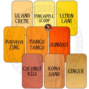 May include: A collection of nine rectangular color swatches in shades of yellow, orange, and brown. Each swatch features black text: Island Creme, Pineapple Scoop, Lemon Lani, Papaya Zing, Mango Tango, Sunroot, Coconut Kiss, Kona Sand, and Ginger.